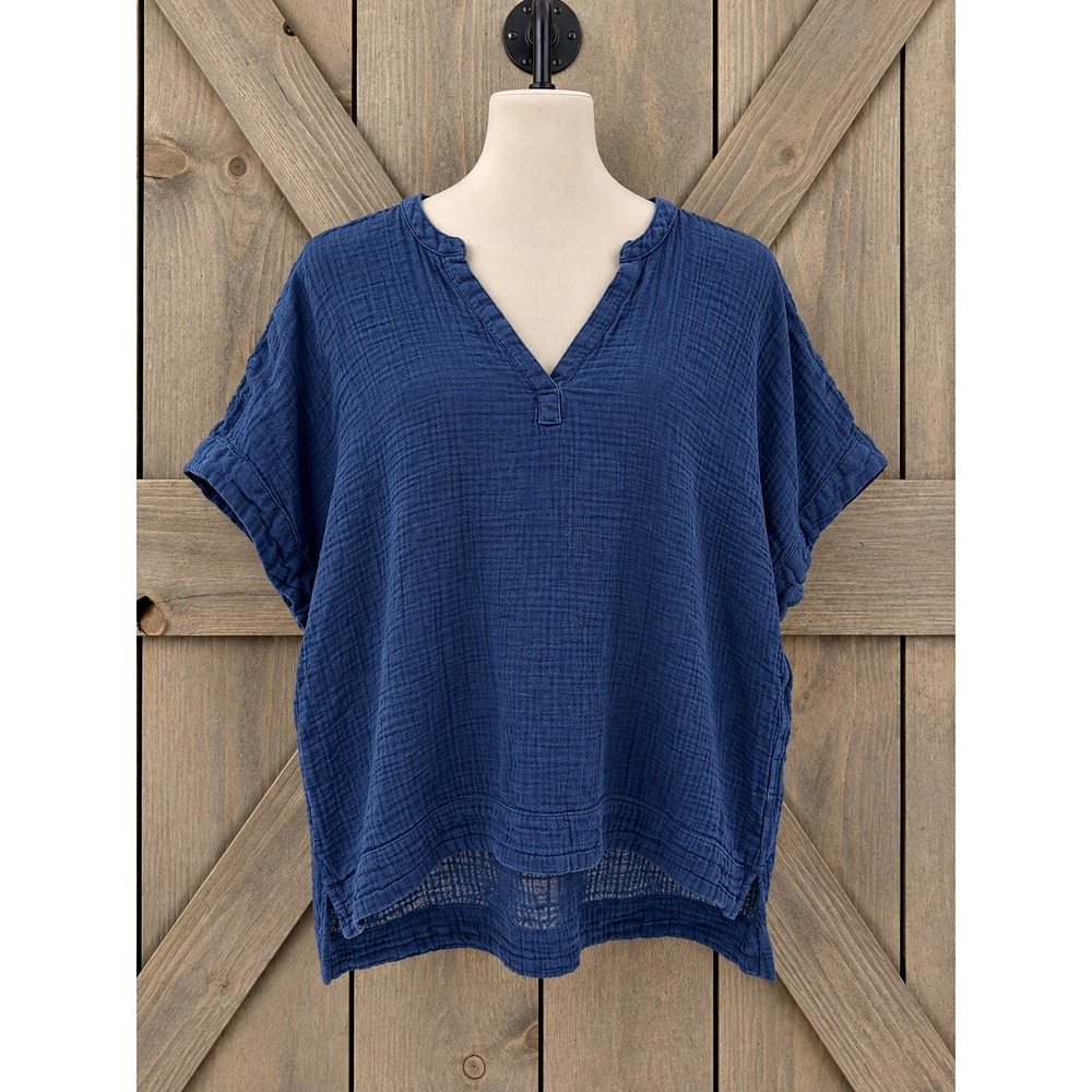 LL Bean Cloud Double Gauze Cotton V-Neck Top XL Navy Blue Short Sleeve Pullover